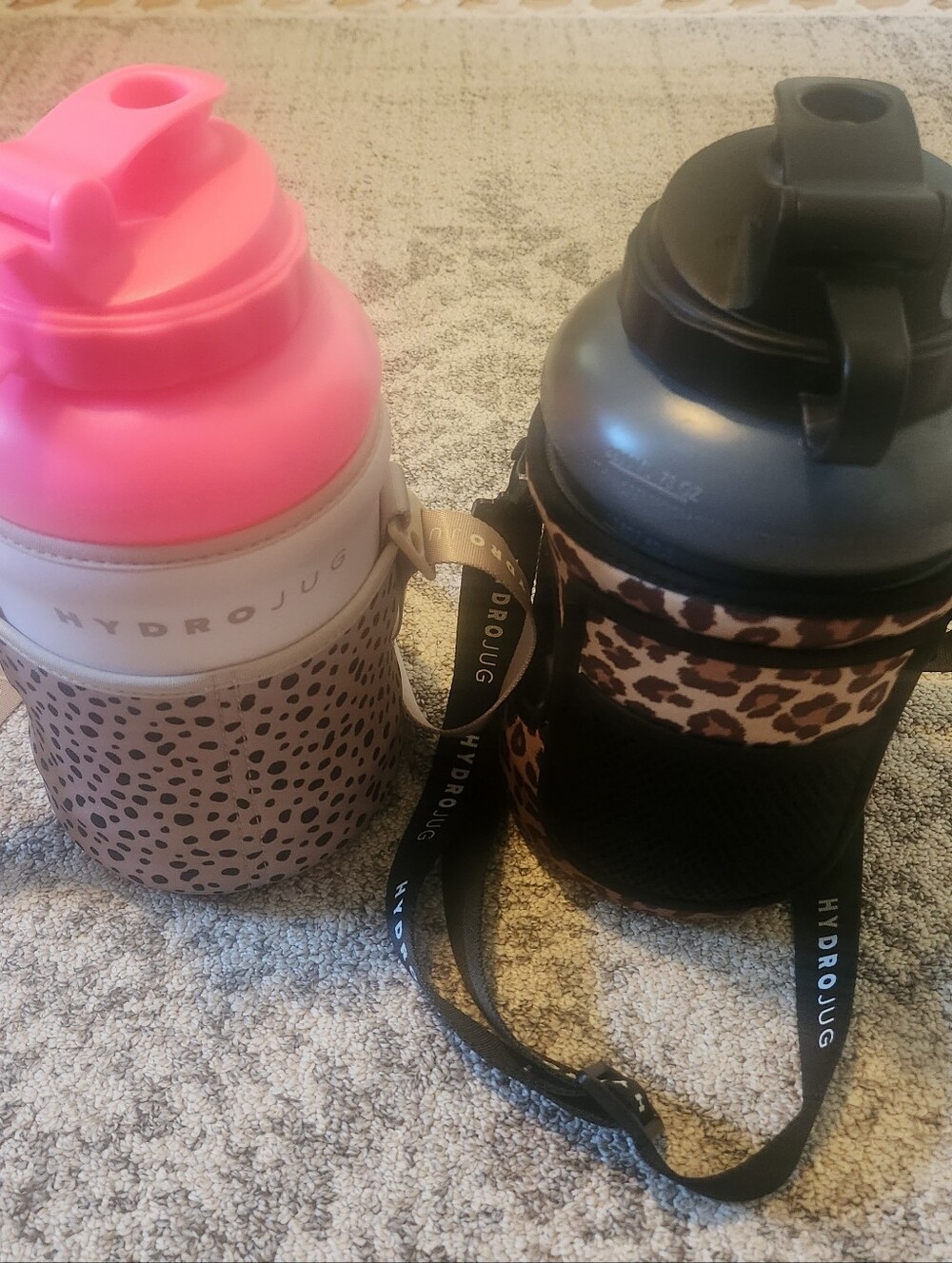 HydroJug Bottle Duo — Pink and Black Lids with Leopard Sleeves